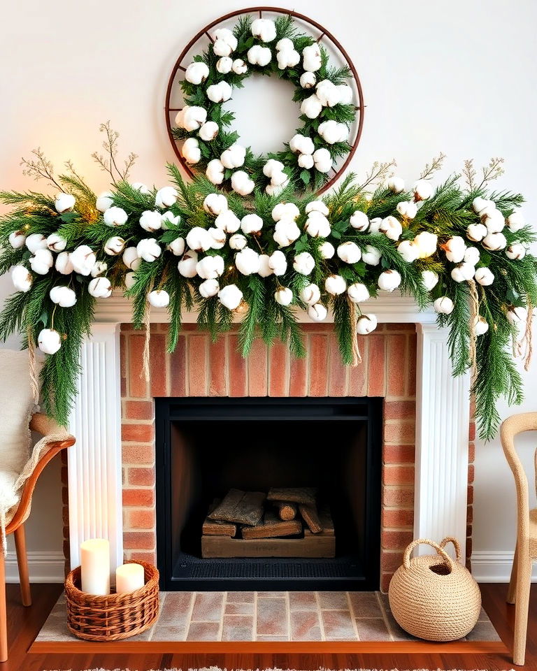 mixed mantel garland with cotton stems