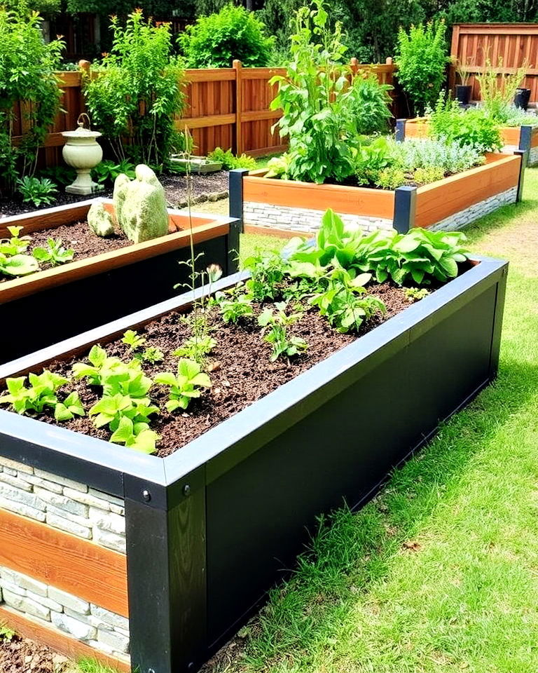 mixed material raised garden bed for unique texture