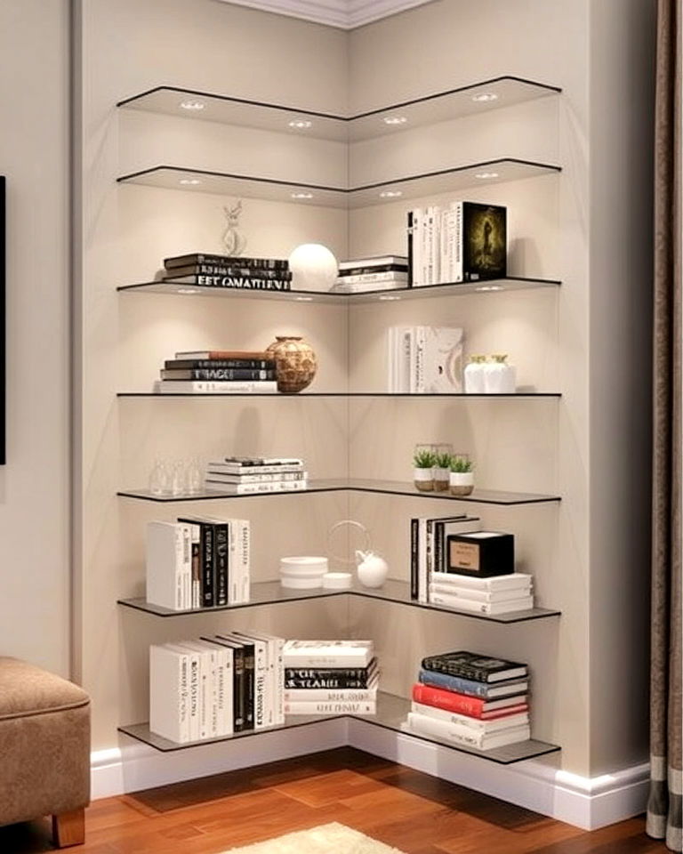 modern and elegant corner glass bookshelf