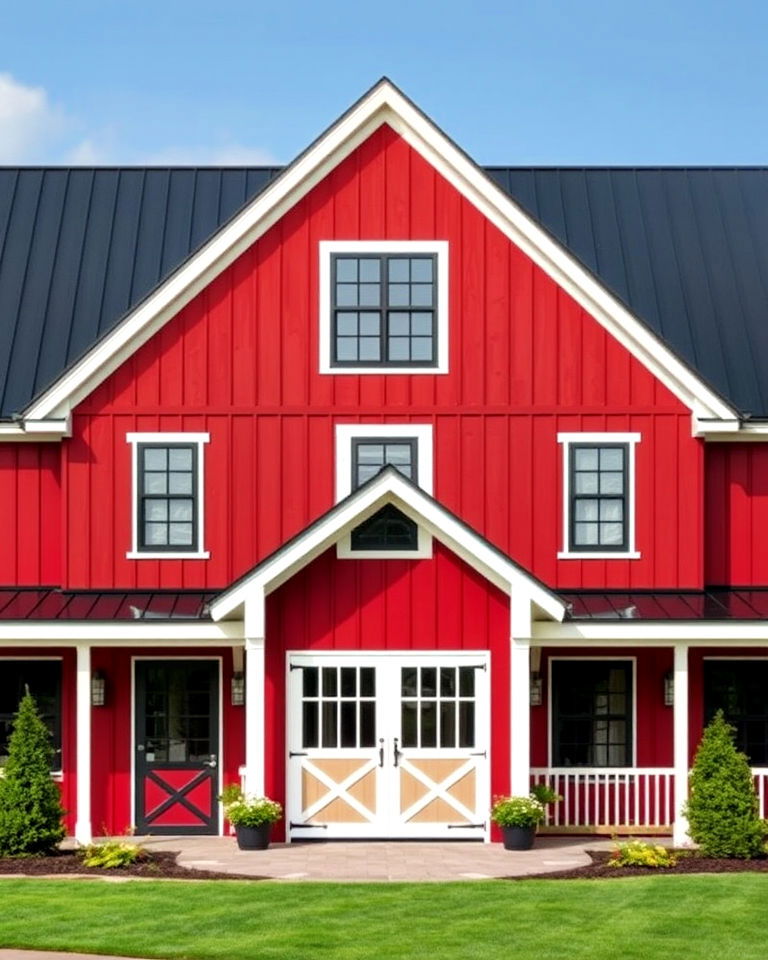 modern barn style home with a striking black roof