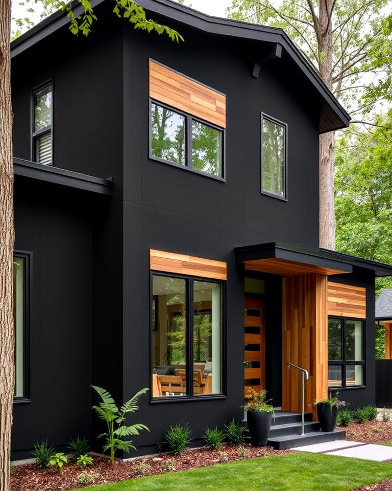 modern black stucco with horizontal wood slats
