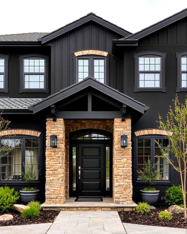 modern black stucco with natural stone house