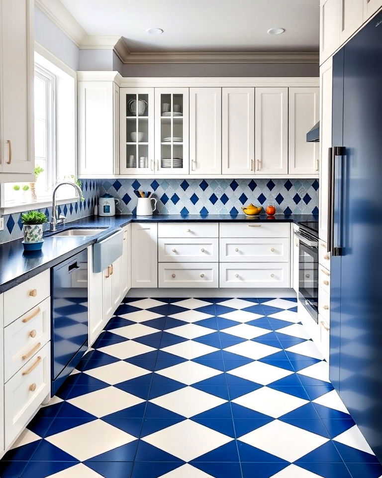modern blue and white geometric tile kitchen floor
