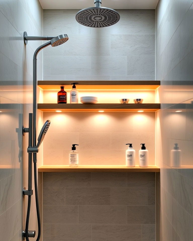 modern floating shelf shower lighting