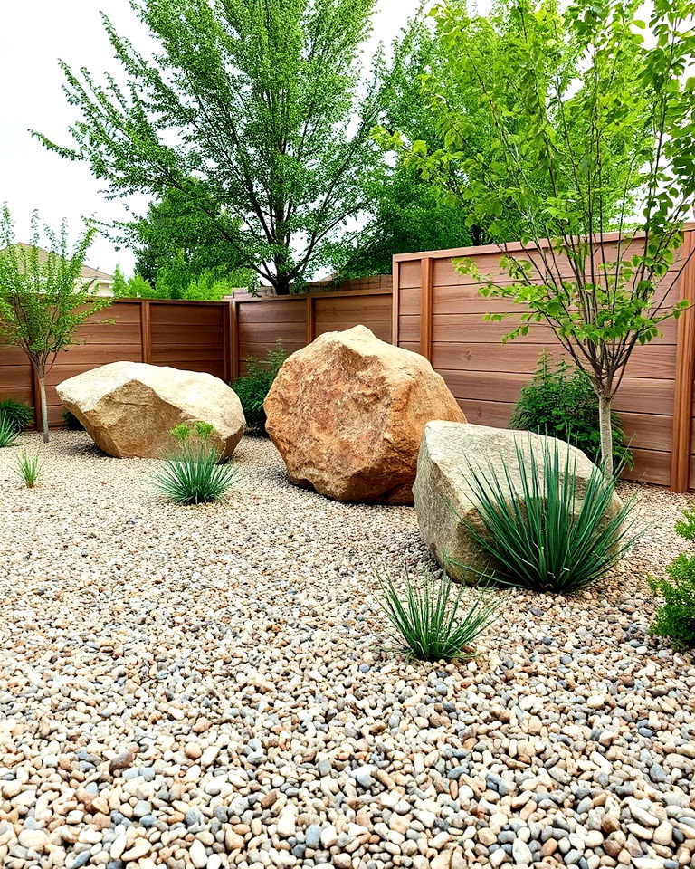 modern gravel mulch with accent boulders