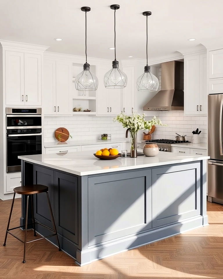 modern grey island with white countertop