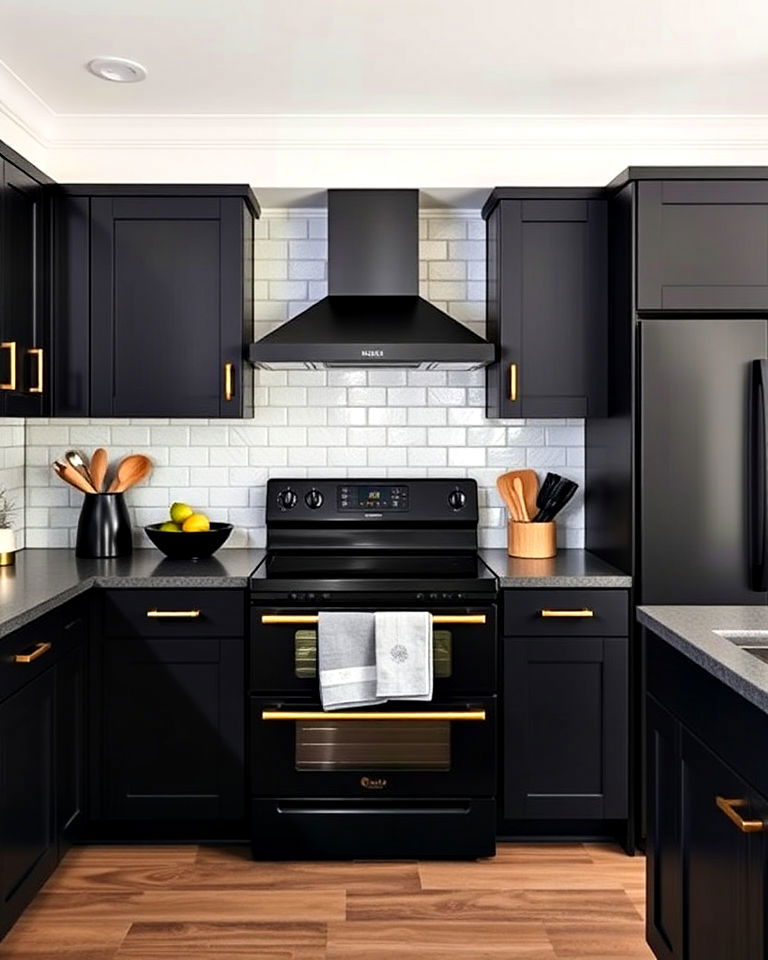 modern matte black kitchen appliances with gold details
