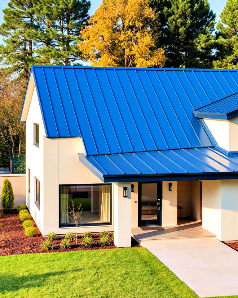modern minimalist home with blue metal roof