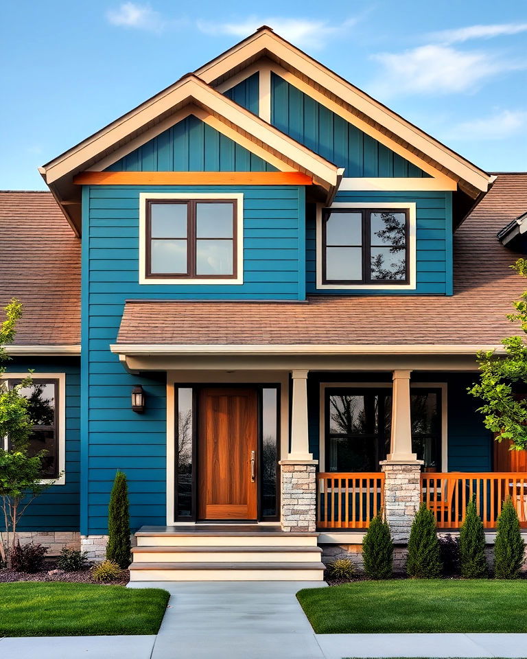 modern peacock blue with a taupe brown roof