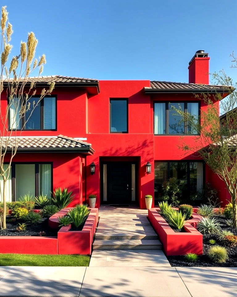 modern red stucco exterior home