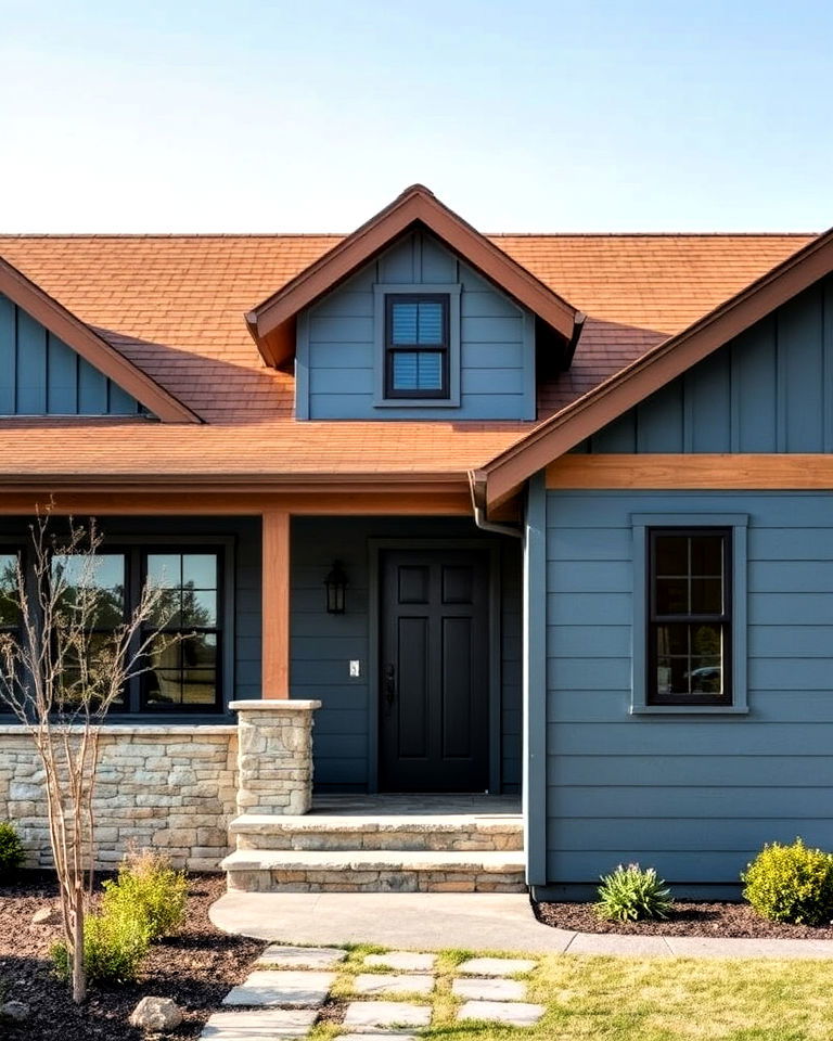 modern slate blue exterior with a rustic brown roof