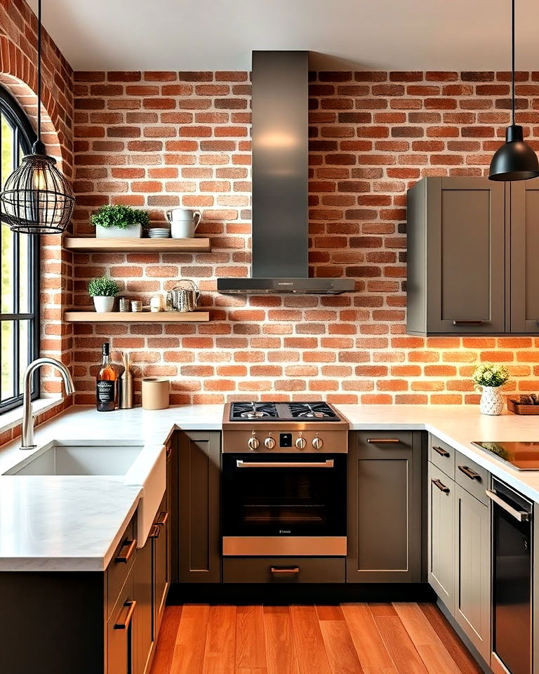 modern subway style brick layout to the kitchen’s design