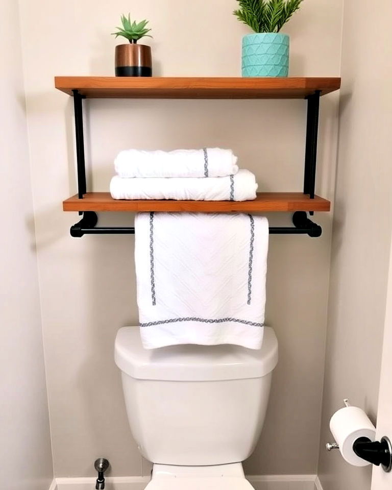 modern towel bar shelf combo above the toilet