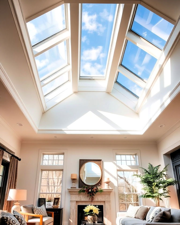 modern tray ceiling with skylights for living room