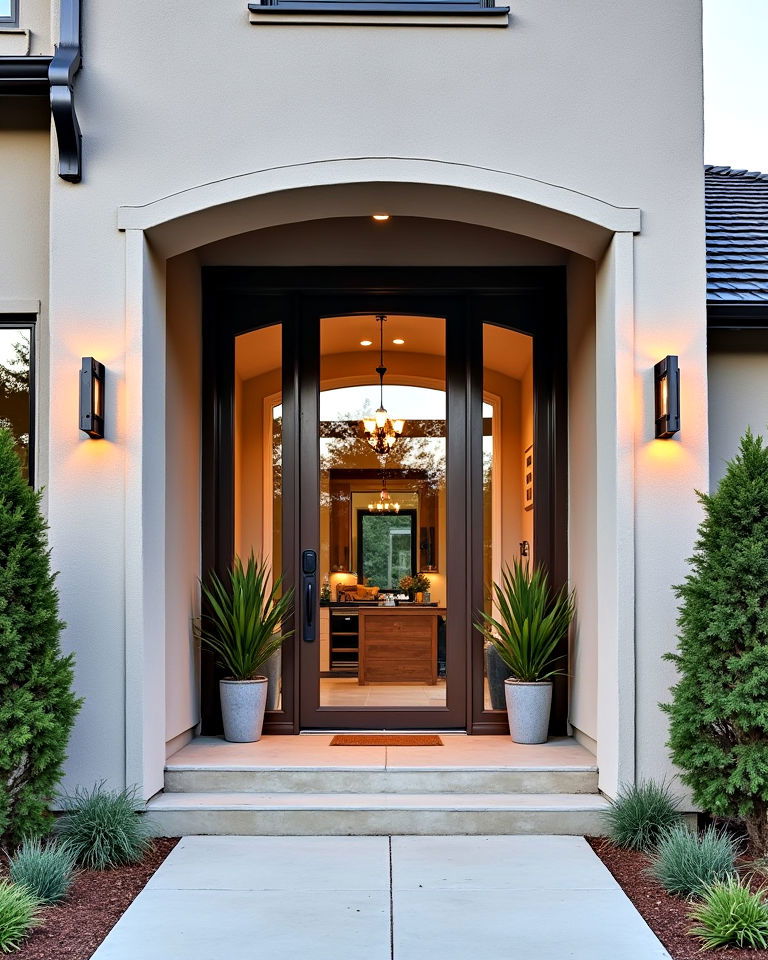 modern tudor exterior with glass entryway