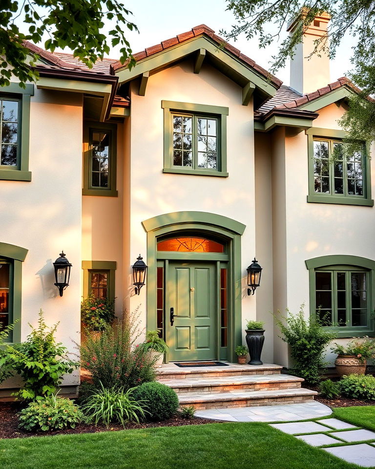 modern tudor exterior with green accents
