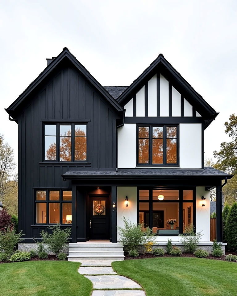 modern tudor with black wood paneling