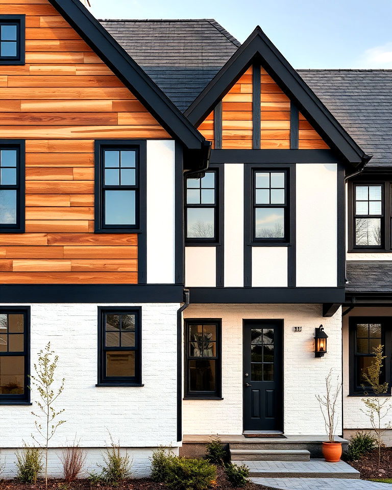 modern tudor with horizontal wood cladding