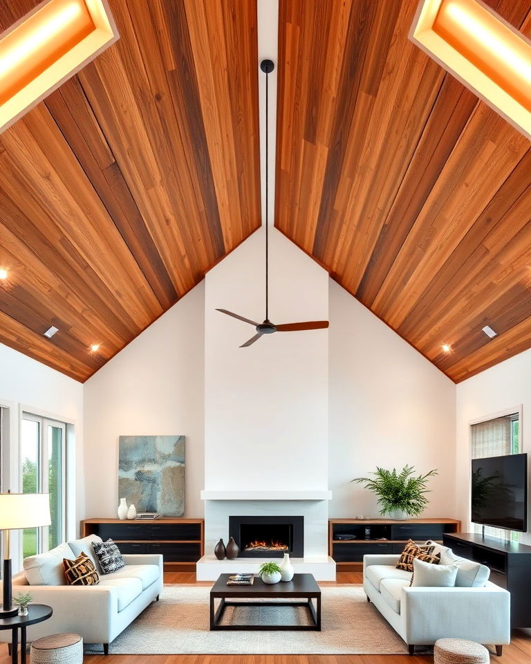 modern vaulted ceiling with floating wood panels