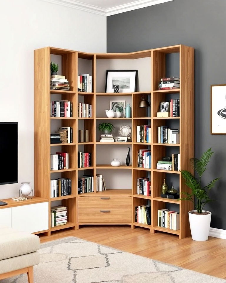 modular corner bookshelf for living rooms