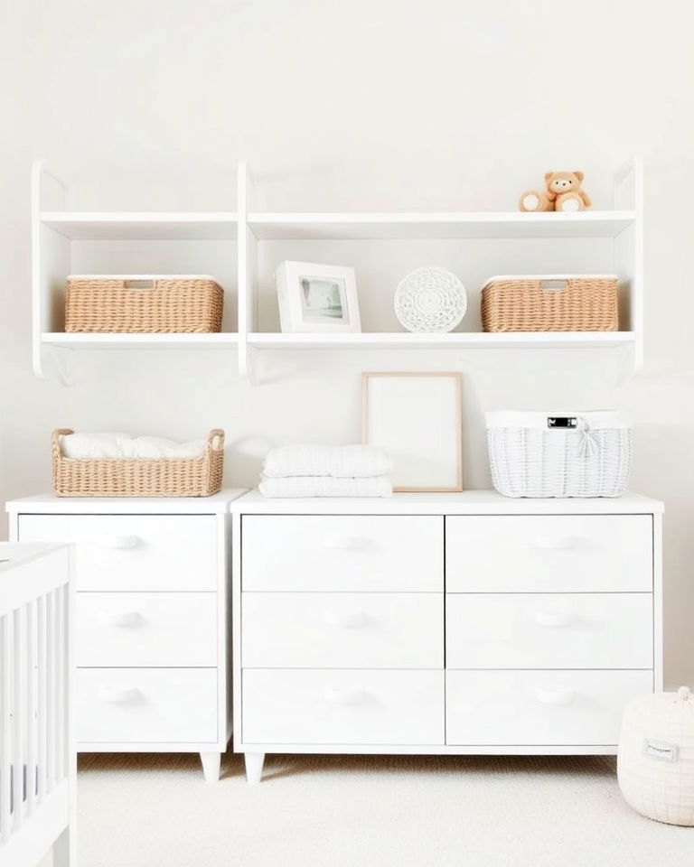 monochromatic white storage solution for nursery
