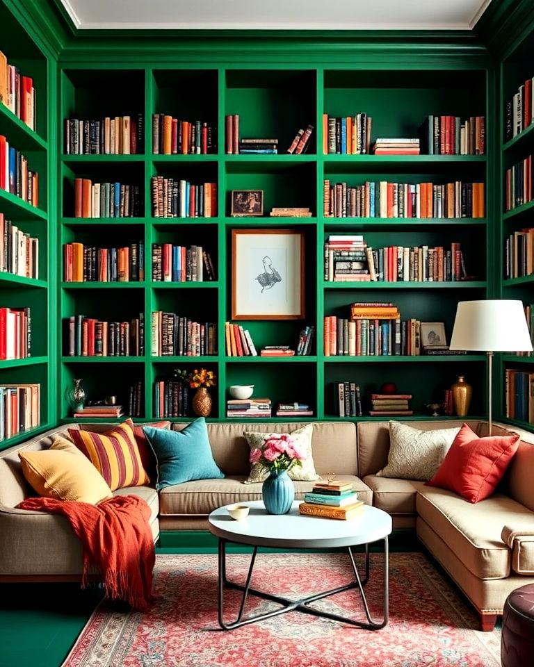 moody library with colorful shelves