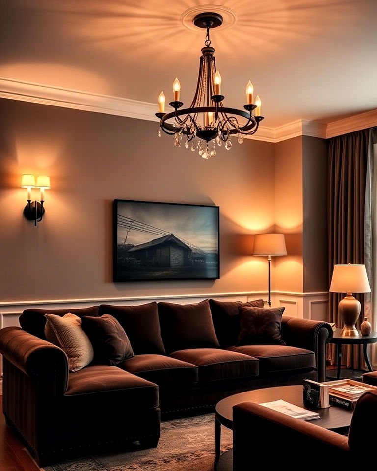 moody lighting for dark brown couch living room