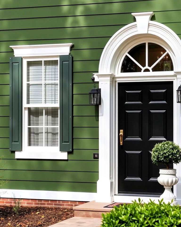 moss green exterior with black and white accents