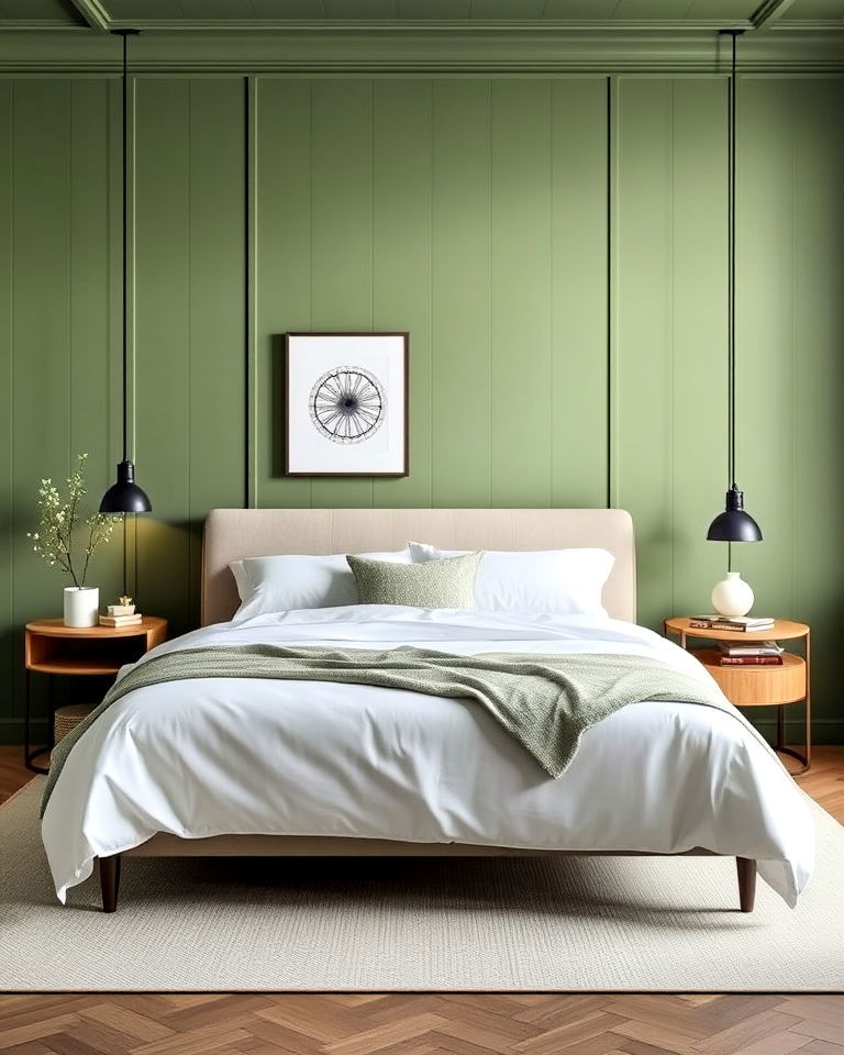 moss green paneling with minimalist bedroom decor
