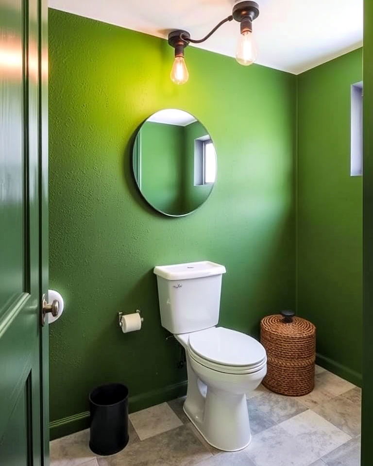 moss green powder room walls with industrial elements