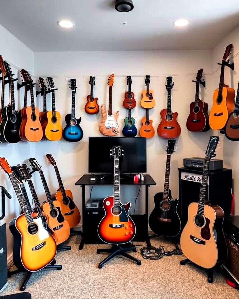multi instrument setup in guitar room