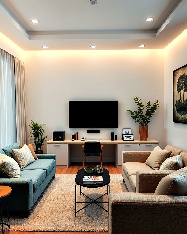 multi purpose tv room with a workspace