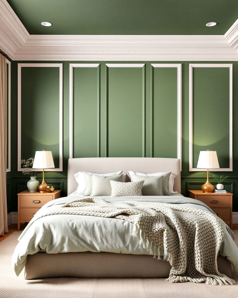 muted green panels with white molding for bedroom