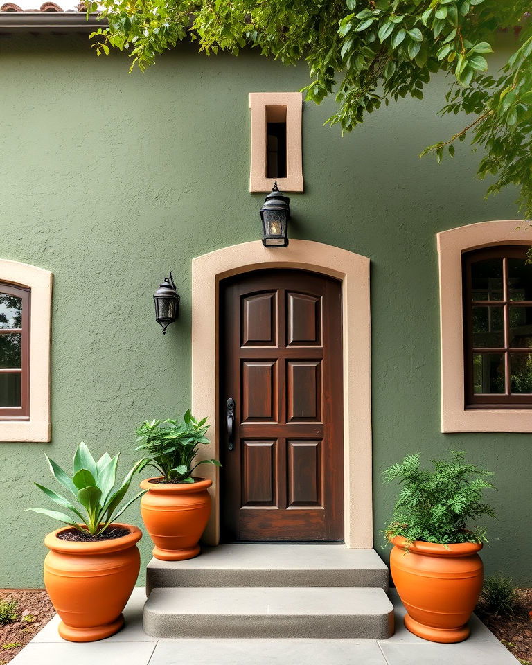 muted green textured plaster exterior with neutral trim