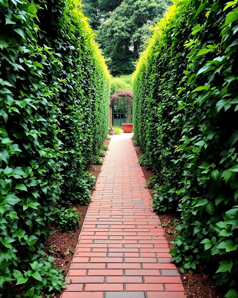 narrow brick walkway with climbing plants
