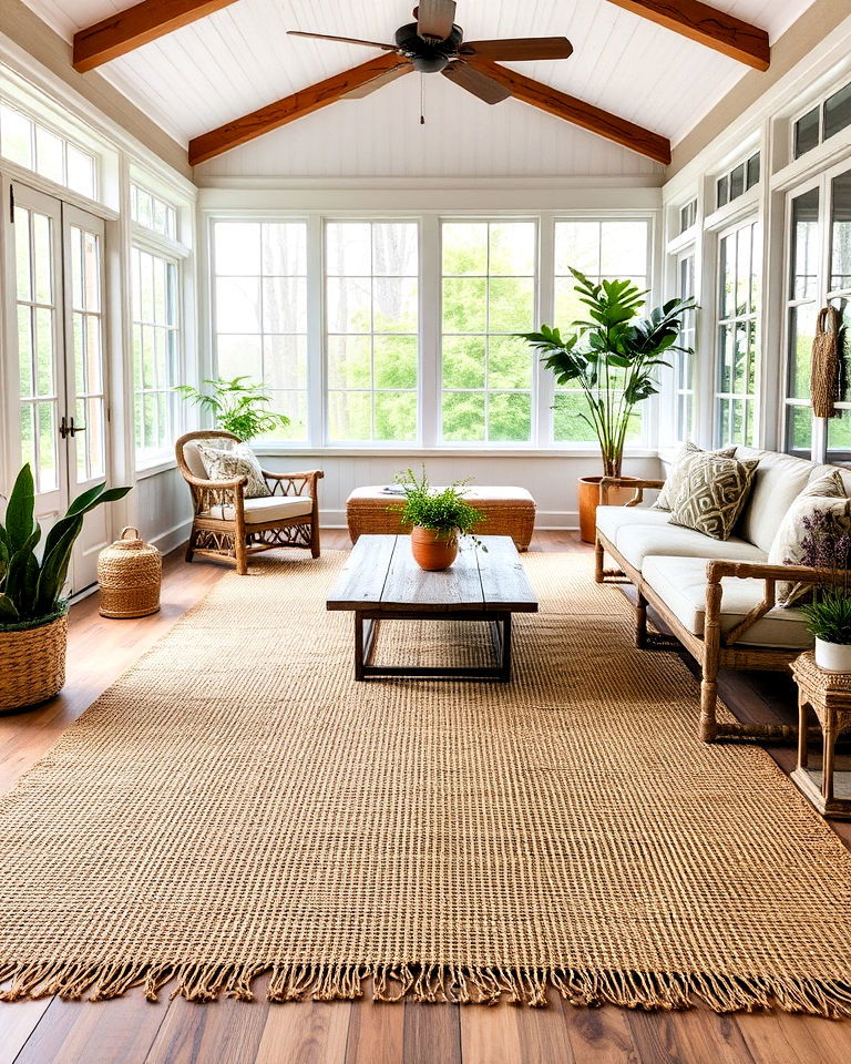 natural fiber rug for rustic sunroom