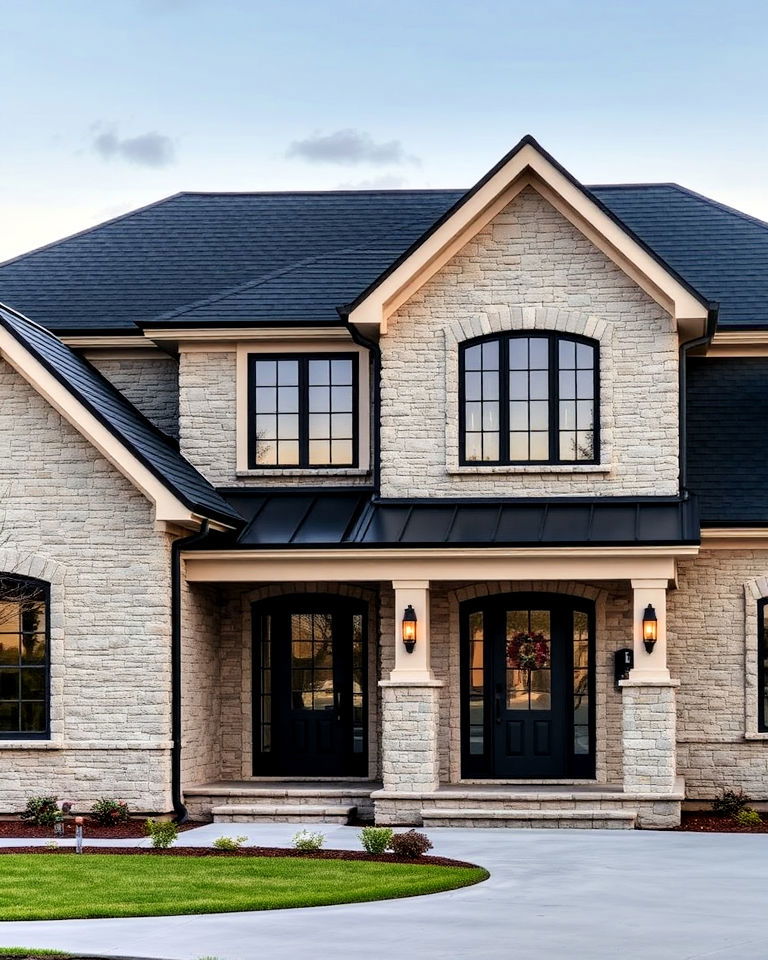 natural stone facade home with a bold black roof