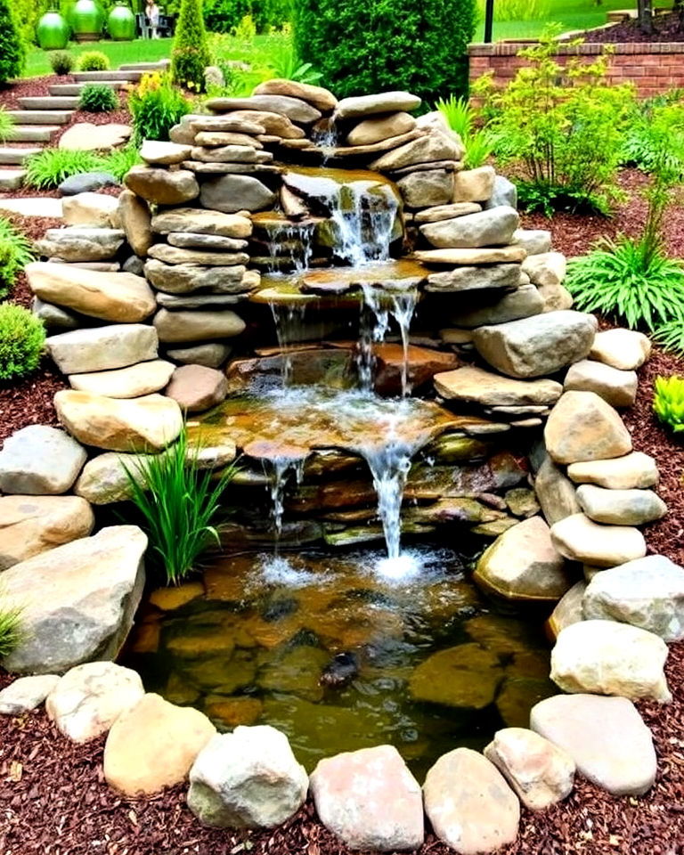natural stone waterfall with pond