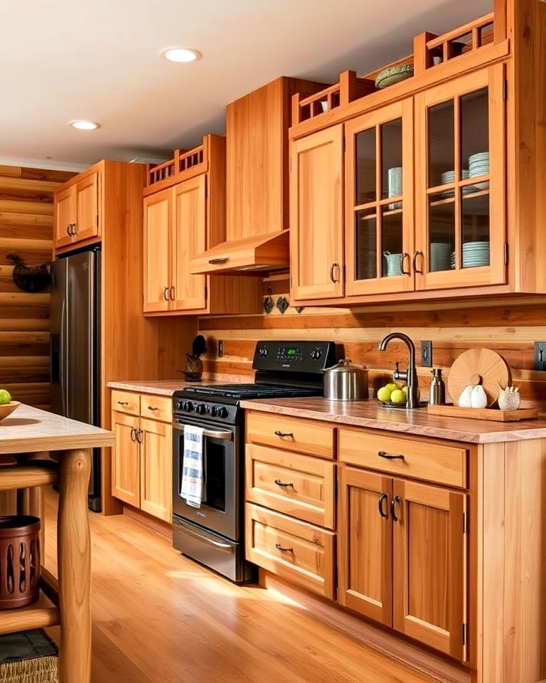 natural wood kitchen cabinets for a log cabin look