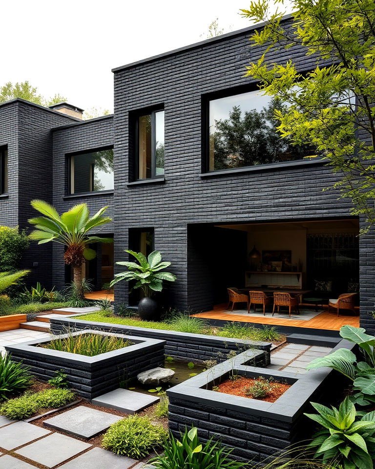 nature driven courtyard design black brick exterior house