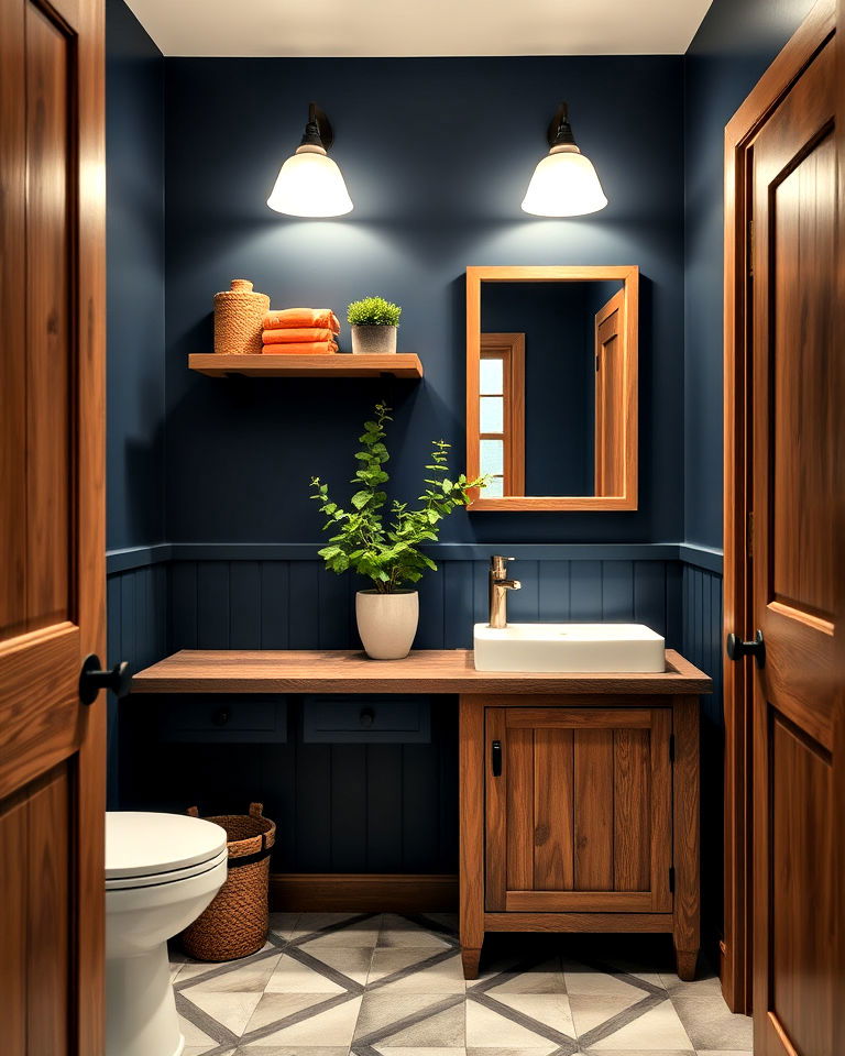 navy and natural wood accents