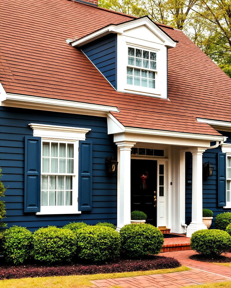 navy blue exterior with a rich brown roof idea