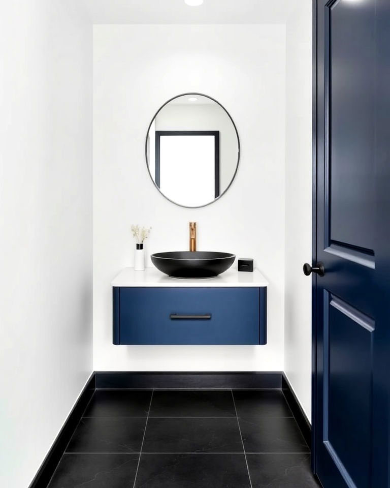 navy blue with floating vanity