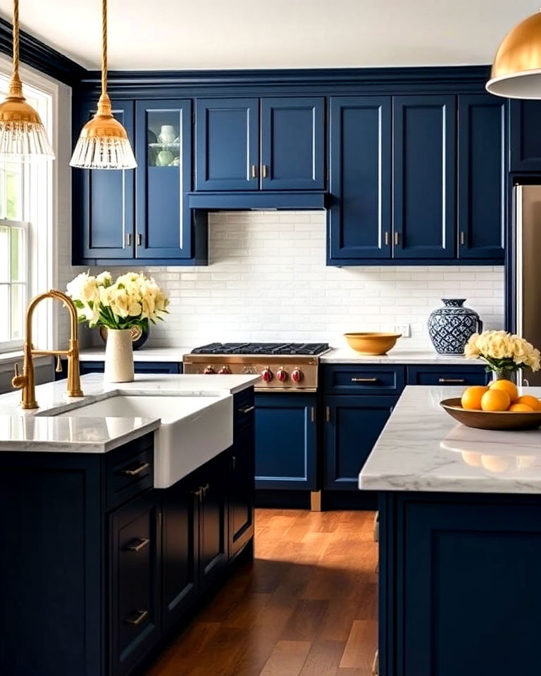 navy kitchen cabinets with luxurious brass hardware