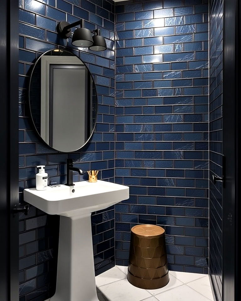 navy tiles with metallic grout