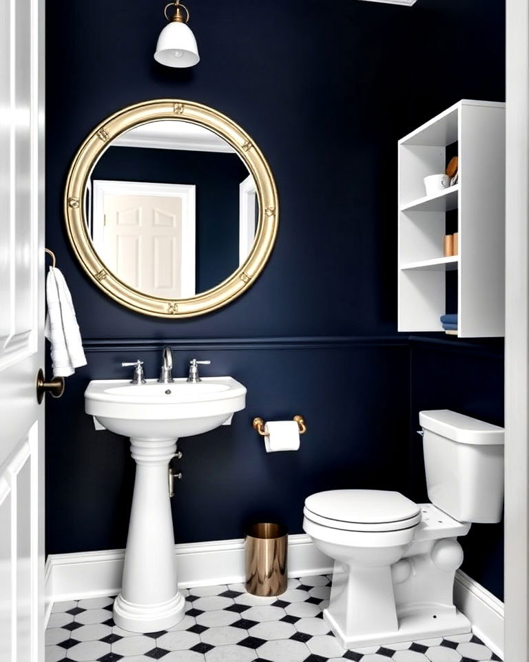 navy walls with white fixtures