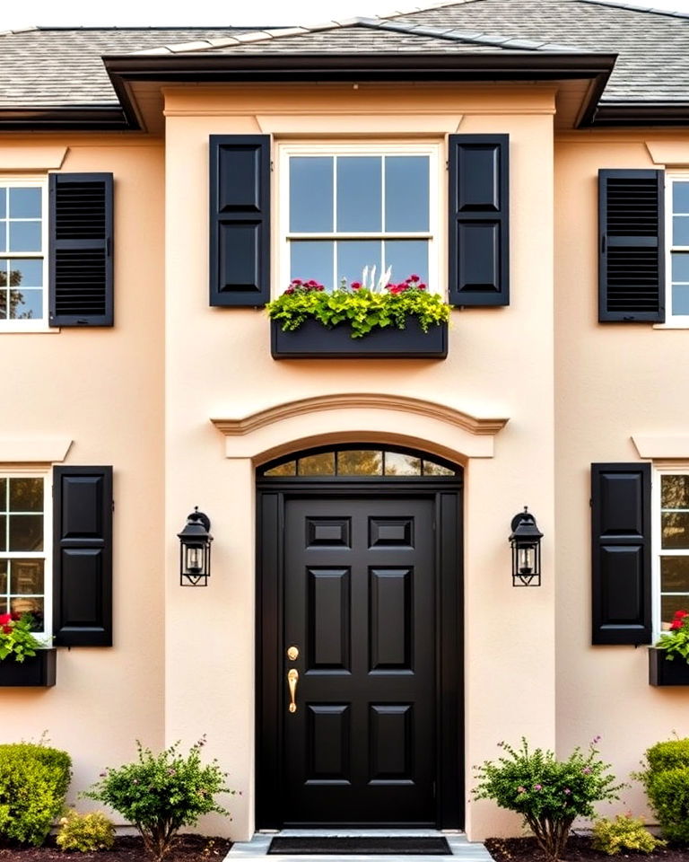 neutral beige stucco with black shutter accents