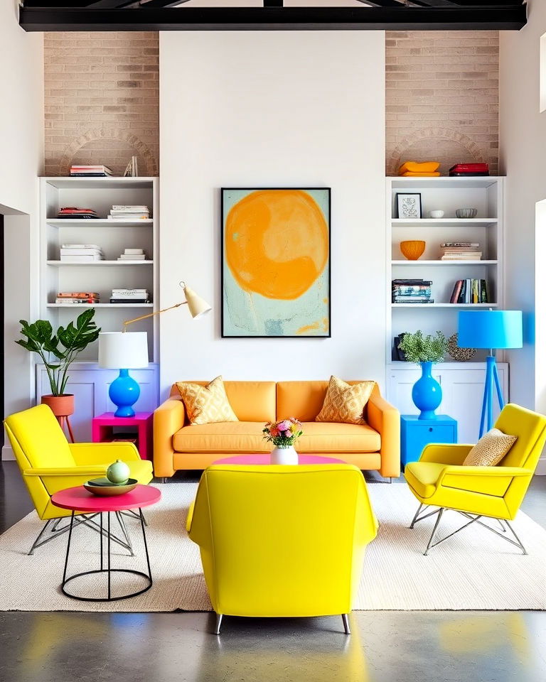 neutral room with neon accent pieces