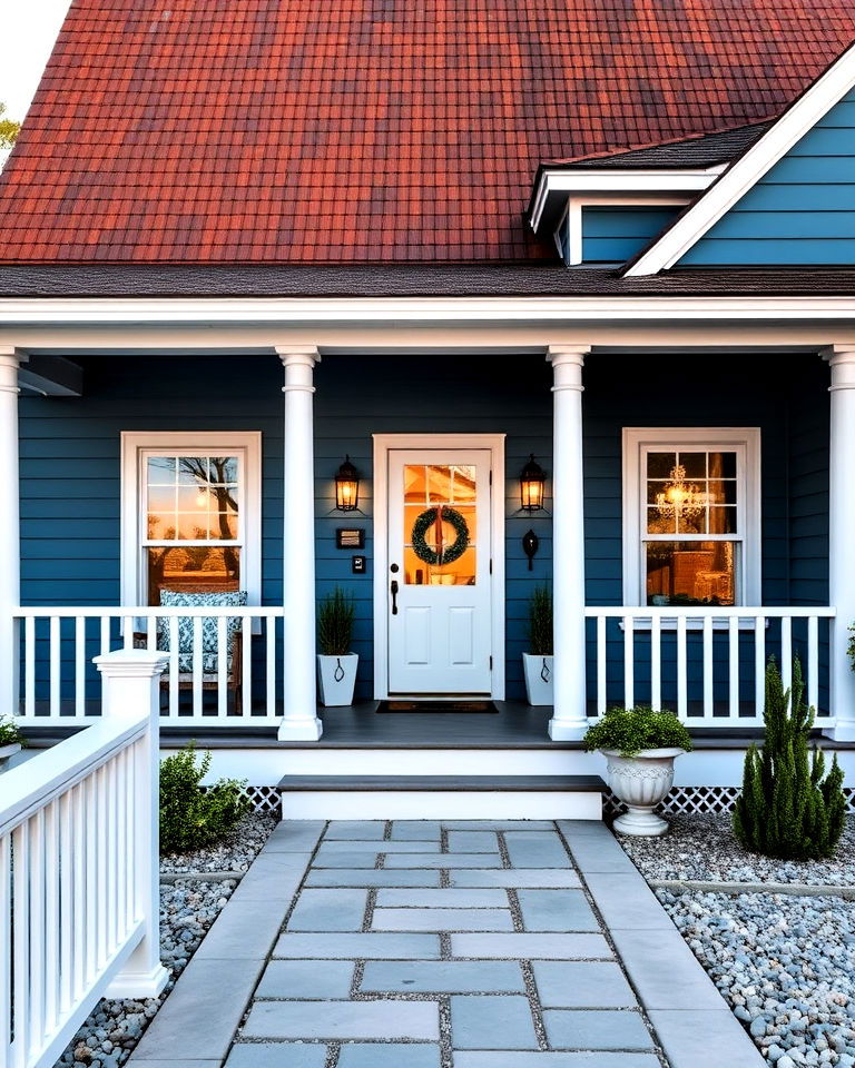 ocean blue exterior with a charred brown roof design