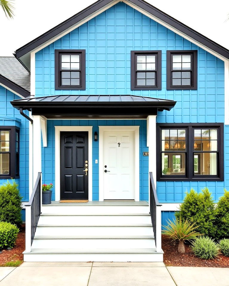 ocean blue house with black highlights